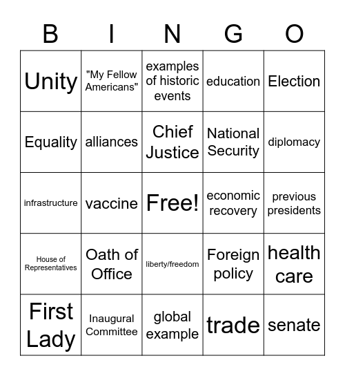 Inauguration Bingo Card