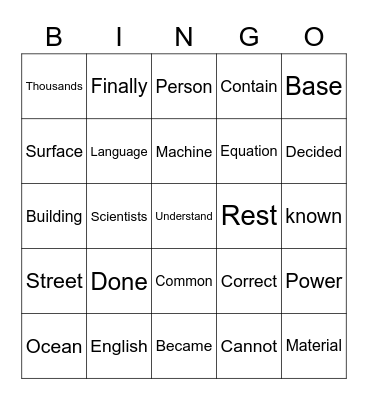 5th Grade Fry Words Bingo Card
