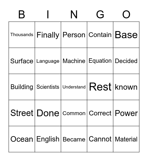 5th Grade Fry Words Bingo Card