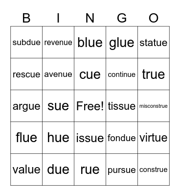Dipthong Bingo -ue Bingo Card