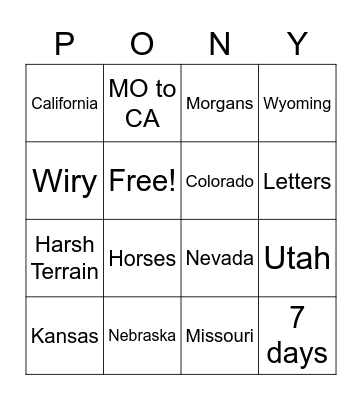 PONY EXPRESS Bingo Card