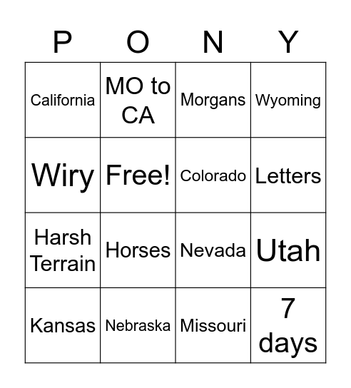 PONY EXPRESS Bingo Card