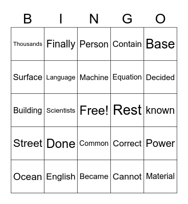5th Grade Fry Words Bingo Card