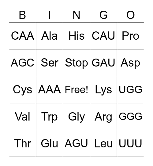 Codon Chart Bingo Card