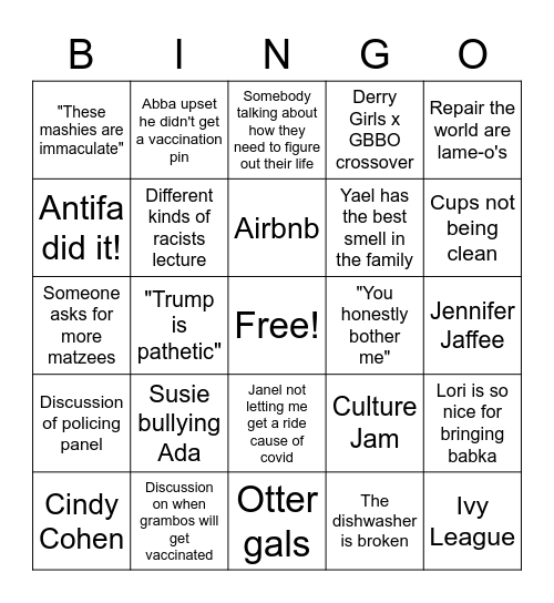 Shabbat 1/15 Perlman family bingo Card
