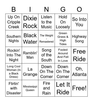 Southern Rock Songs Bingo Card