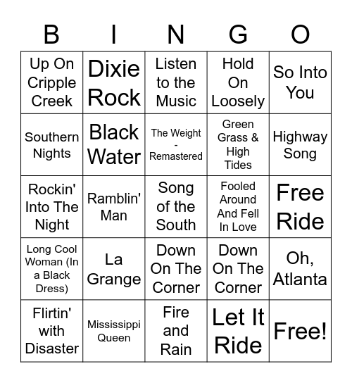 Southern Rock Songs Bingo Card