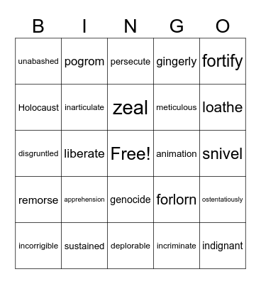 Anne Frank Vocabulary Bingo Card