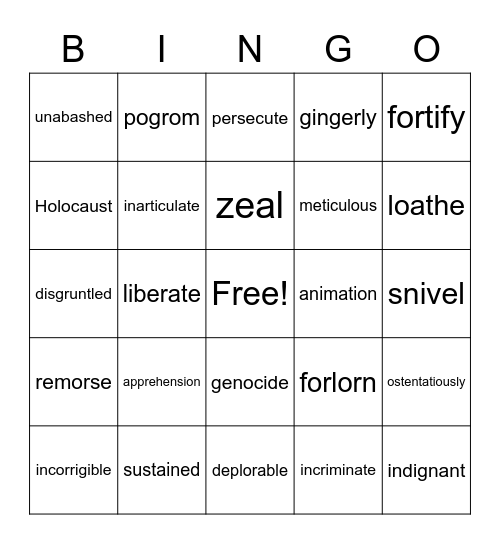 Anne Frank Vocabulary Bingo Card