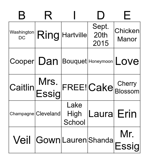 Shanda's Bridal Shower Bingo Card