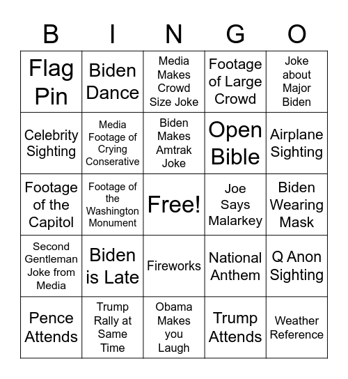 Biden Inauguration Bingo Card