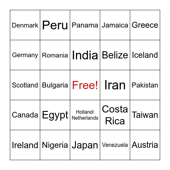 Country Names in ASL Bingo Card