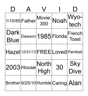 David Turns 30 Bingo Card