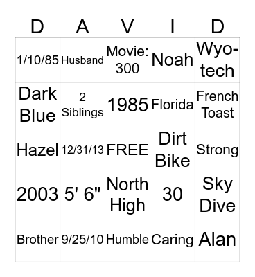 David Turns 30 Bingo Card
