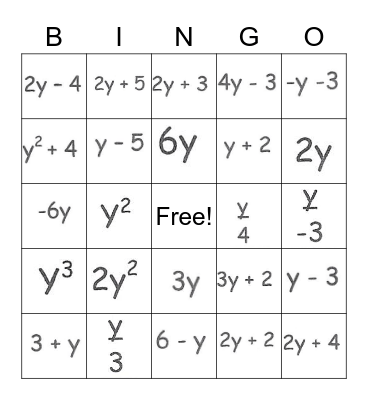 Algebra Bingo Card