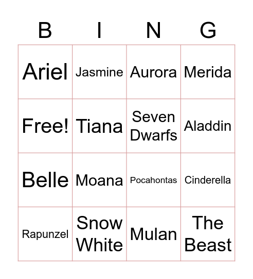 Disney's Princess Bingo Card