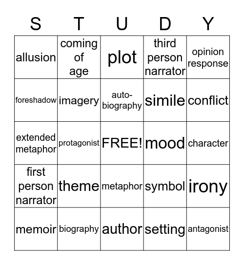 Lit 10 Midterm Bingo Card