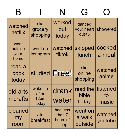 DAY IN THE LIFE OF Bingo Card
