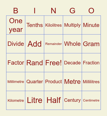 Maths Terminology Bingo Card
