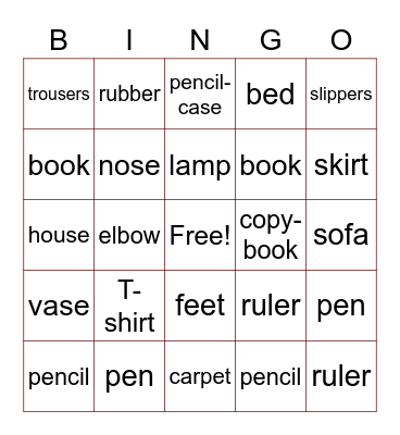 School things\ Body \ Room Bingo Card