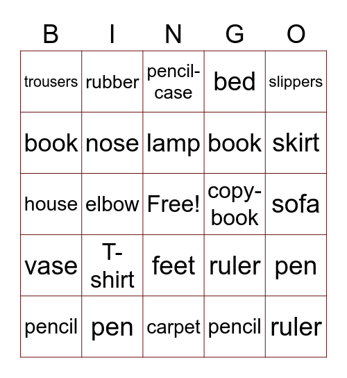 School things\ Body \ Room Bingo Card