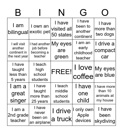 Find a Friend  Bingo Card