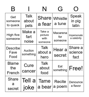 One-on-One challenge Bingo Card