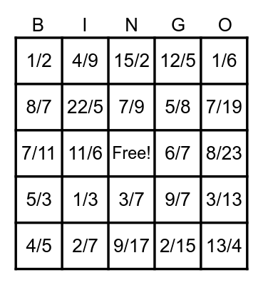 Fraction Bingo Card