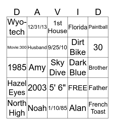 David Turns 30 Bingo Card