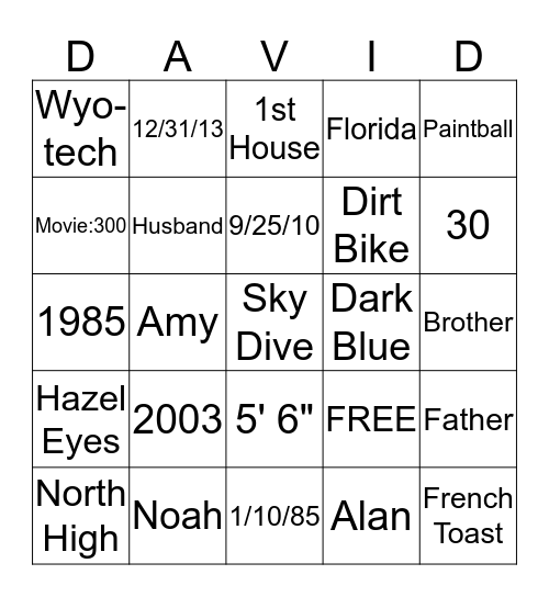 David Turns 30 Bingo Card