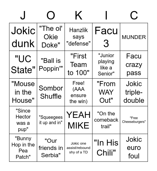 Nuggets Altitude Broadcast Bingo Card