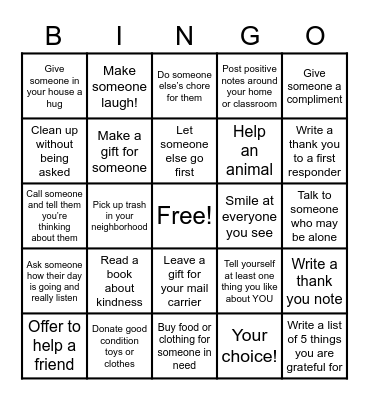 KINDNESS CHALLENGE  January 30th-February 6th Bingo Card