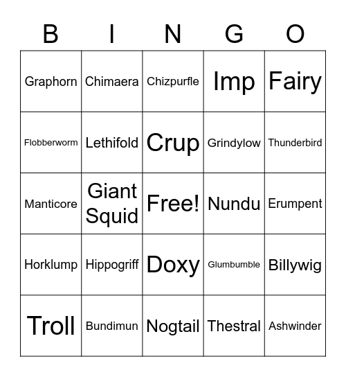 Magical Creatures Bingo Card