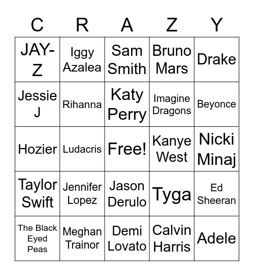 Bingo: 2010-2015 Top Artists Round 2 Bingo Card
