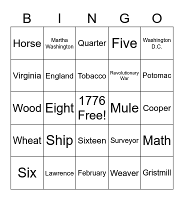 George Washington Bingo Card
