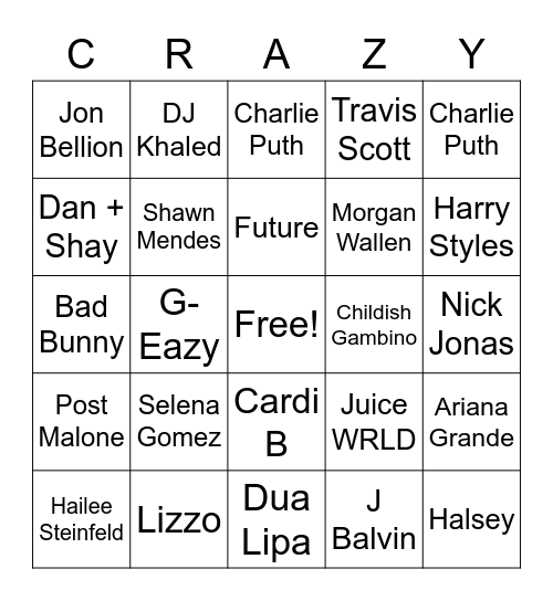 Bingo: Top Artists 2016-2020 Round 4 Bingo Card
