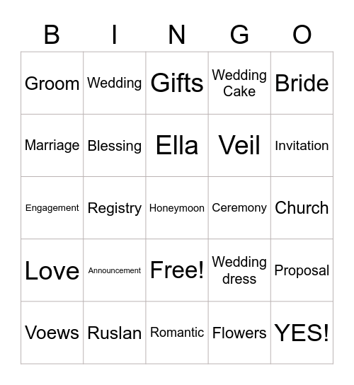 Ella's Bridal Shower Bingo Card
