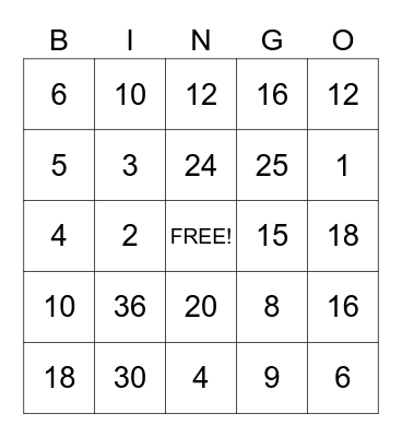 Multiplication Facts Bingo Card