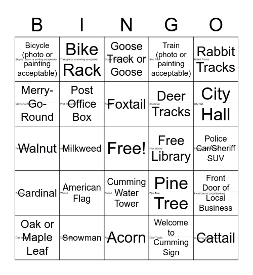 Cumming Winter Exploration Bingo Card