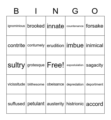 Vocabulary Bingo Card