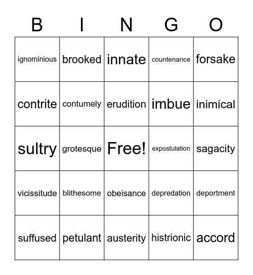 Vocabulary Bingo Card