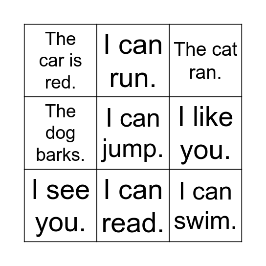 Sentence Bingo Card