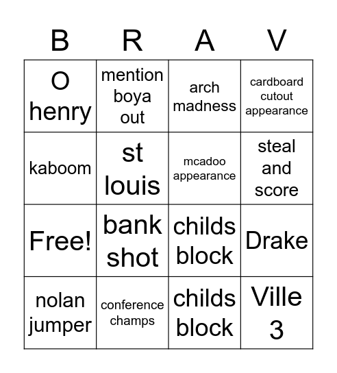 Bradley Basketball Bingo Card