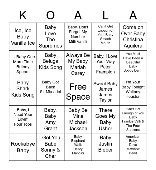 Baby Song Bingo Card