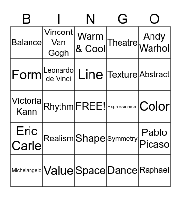 Art Vocabulary Bingo Card