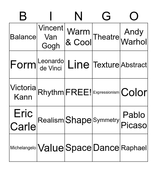 Art Vocabulary Bingo Card