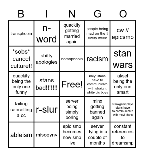 EPIC SMP Bingo Card