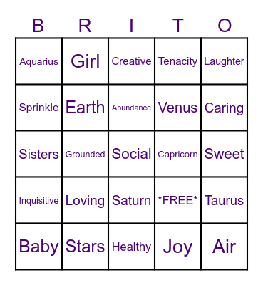 *Shelby's Stellar Sprinkle* Bingo Card