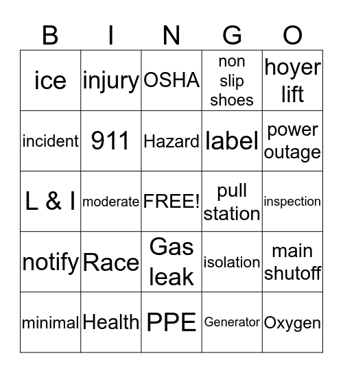 Safety Bingo Card