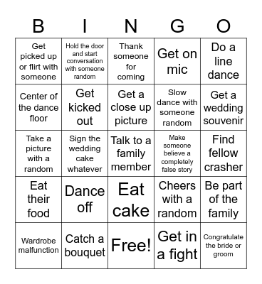 Wedding Crasher Bingo Card